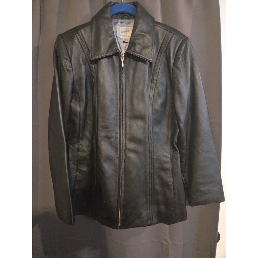 Jacqueline Ferrar Womens Medium Black Lambskin Leather Full Zip Jacket RN93677